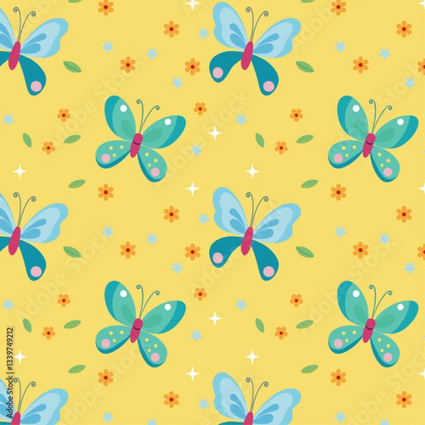 Fototapeta Vibrant Butterfly and Flower Pattern on Yellow Background