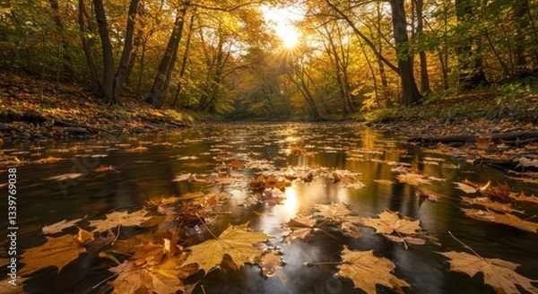 Fototapeta Floating Autumn Leaves in Tranquil Forest Stream with Sunlight