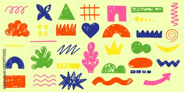 Fototapeta Hand drawn arrow scribble crayon set. Squiggle, scratch doodle kid arrow star set. Crayon scratch texture shape children kid naive. Vector illustration