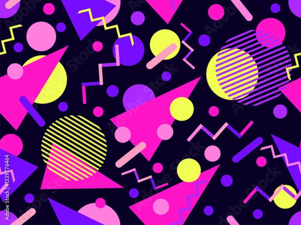Fototapeta Geometric seamless pattern with memphis elements in 80s style. Colorful geometric pattern. Design of promotional products, wrapping paper and printing. Vector illustration