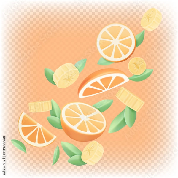 Obraz Flying fruit salad with orange and banana pieces and mint. Vector 3d illustration.