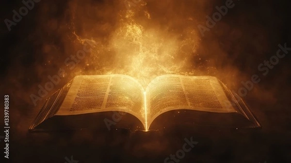 Obraz An open glowing book emanating light and surrounded by smoke