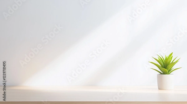Fototapeta Minimalist interior with small potted plant on clean desk under soft natural light
