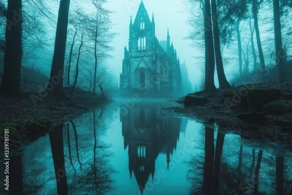 Fototapeta A grand gothic cathedral reflected in a misty lake, surrounded by a dense forest, evoking a haunting and ethereal atmosphere