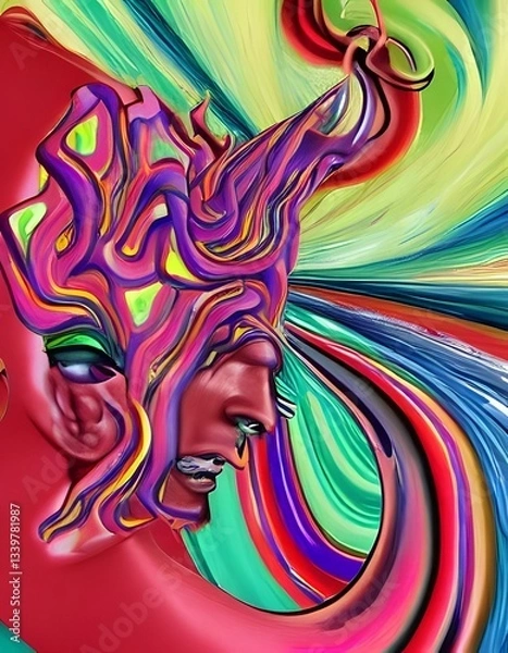 Fototapeta A surreal AI-generated digital painting of a stylized human whose head melts into spirals, representing the sensation of being high. Vibrant colors and fluid distortion enhance the dreamlike abstracti