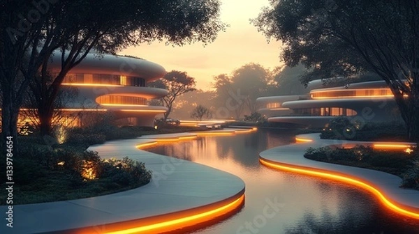 Fototapeta An abstract scene of glowing pathways leading to a futuristic school campus 