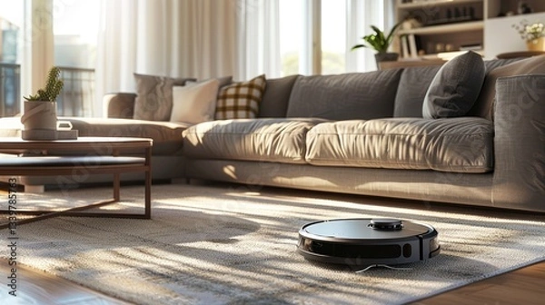 Obraz Robot vacuum cleaner in stylish living room with wooden floors, cozy sofas and minimalist decor for a modern, comfortable and elegant setting