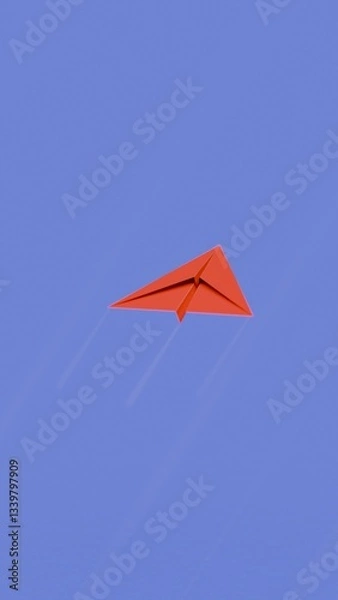 Obraz 3D illustration of a red paper airplane flying with a smoke trail on a blue background