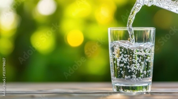Fototapeta Water being poured into a glass with many air bubbles