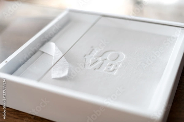 Fototapeta Elegant white gift box with embossed love design displayed on a wooden table, showcasing a thoughtful present for special occasions. In the box is a photobook