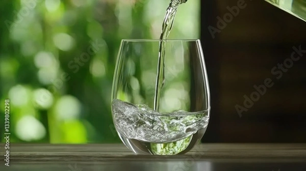 Fototapeta Crystal Glass Filled With Clear Water Being Poured Slowly