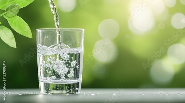 Fototapeta A glass being filled with clear water on a bright day