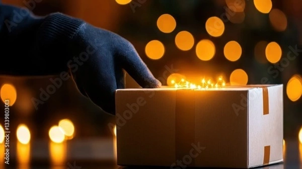 Fototapeta A gloved hand touches a lit box in a dark background