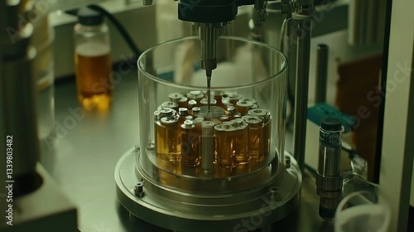 Fototapeta Machine is processing vials of liquid in laboratory setting