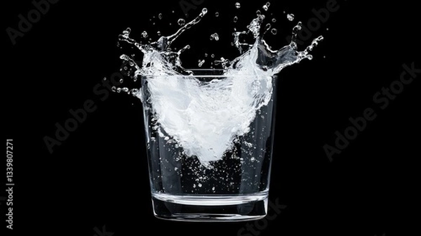 Fototapeta Water splashes dramatically as ice impacts inside of a glass