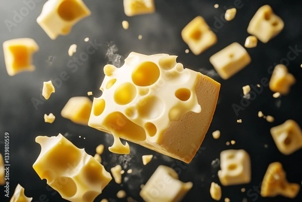 Fototapeta Swiss Cheese Cubes in Mid-Air with Dynamic Composition