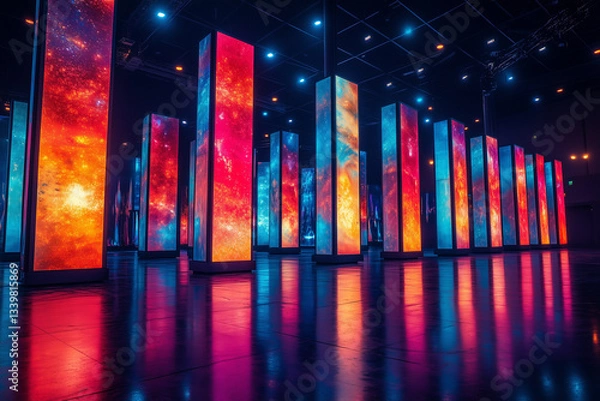 Fototapeta  Dynamic performance stage with abstract neon LED screens reflecting colorful visuals.