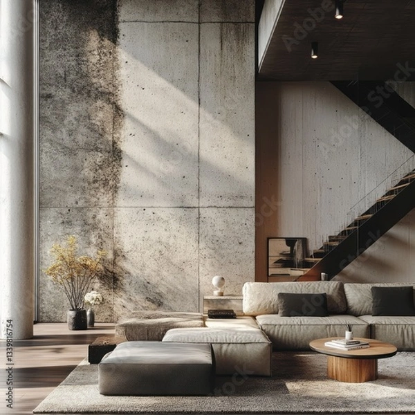 Obraz Modern living room featuring concrete walls and comfortable furniture