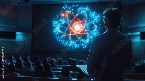 Obraz A scientist presenting a glowing holographic model of an atom in a modern lecture hall, engaging and luminous 