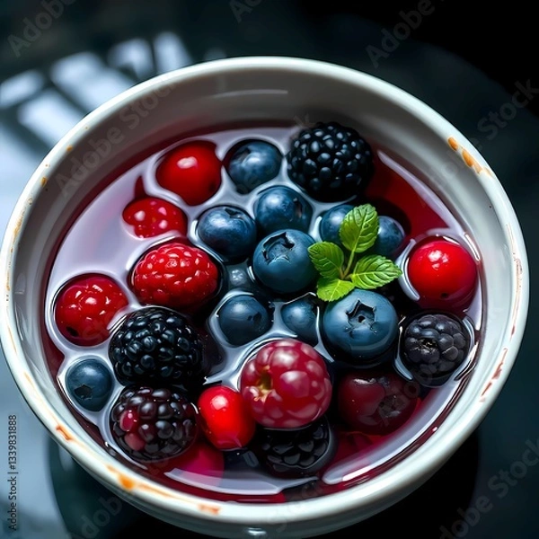Fototapeta fresh raspberries, blueberries and mulberries in a bowl of water, dark background