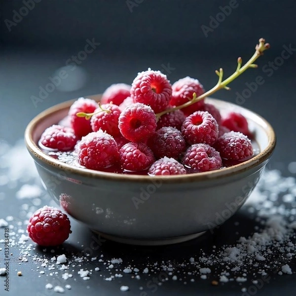 Fototapeta raspberries in a porcelain bowl with sugar coating sprinkled on top