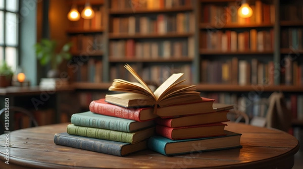 Fototapeta Warm Library Books Stack Wooden Table Reading Study Literature