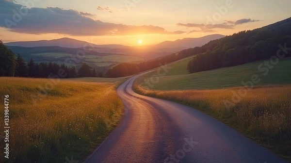 Obraz Winding road extending into the distance with the setting sun casting warm light across the landscape, framed by lush green hills and mountains, symbolizing the freedom of travel and exploration.