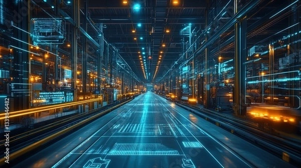 Fototapeta A futuristic logistics hub managed by holographic AI-driven systems, efficient and luminous 