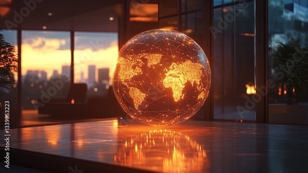 Obraz A glowing holographic representation of global business networks floating in a corporate office, precise and engaging 