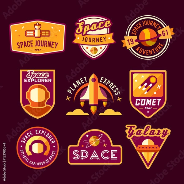 Fototapeta Vintage space and astronaut badges or labels set.