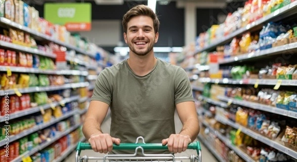 Obraz a happy man pushing a shopping cart and looking at the camera, in the middle of a supermarket aisle