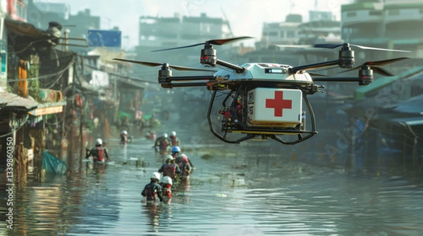 Fototapeta A futuristic drone delivering emergency medical aid, hovering over a flooded area, rescue teams below
