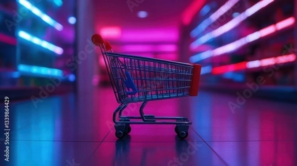 Fototapeta Empty Shopping Cart in Neon Lit Supermarket Aisle Retail Concept