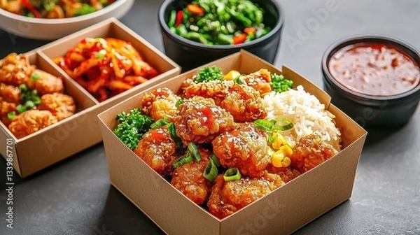Fototapeta Takeout from Restaurant Packaged in Box Containers  Seafood and Chicken Meals