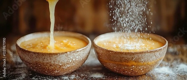 Fototapeta Honey Drizzle Sauce for Cooking with Spoon over Bowl in Kitchen using Liquid and Cooking Saucepan