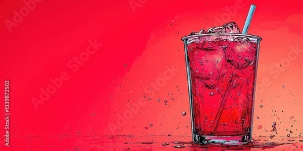 Fototapeta Fizzy Red Soda with Sugar and Carbonation Refreshing Drink from Cup with Straws