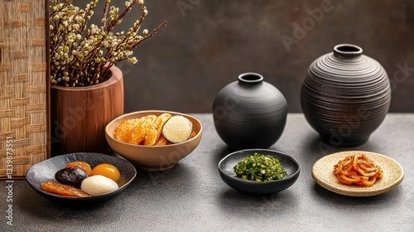 Fototapeta Vibrant Kitchen Decor Colorful Bowl and Vase Set on Wooden Table with Pottery  Beautiful Countertop Display for Dining Area  Table Centerpiece Ideas for Home Decorating