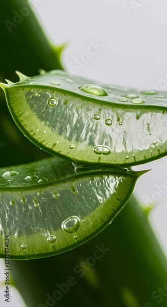 Obraz A scientifically detailed, botanical close-up of an Aloe vera leaf, split open to expose its nutrient-rich gel. Tiny bubbles are visible within the gel, 9:16