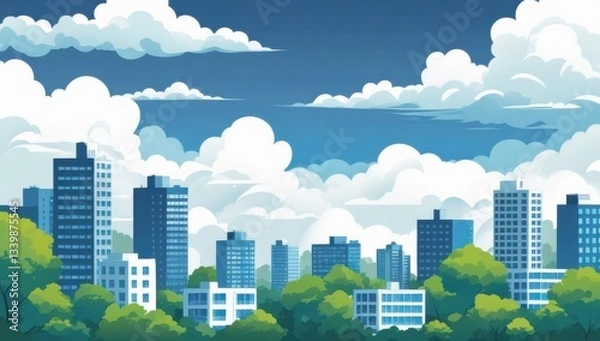 Fototapeta Ilustración digital de una zona urbana  o ciudad compuesta por edificios y torres de diferentes  tamaños.