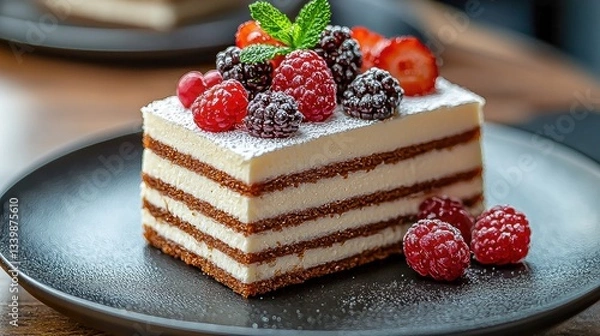 Fototapeta Raspberries and Strawberries Dessert on a Chocolate Cake with Creamy Frosting and Fresh Berries