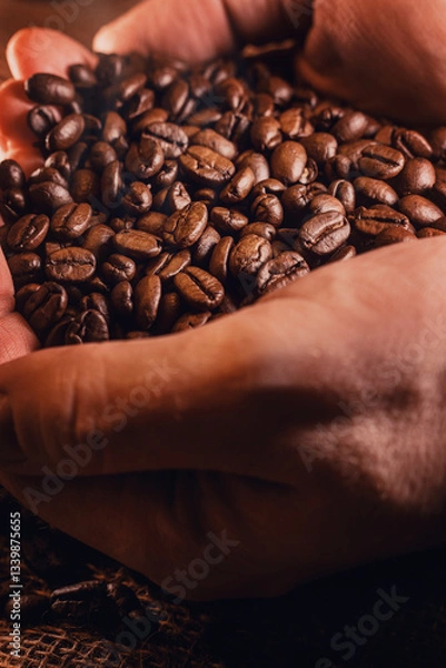 Obraz Hands Holding Roasted Coffee Beans