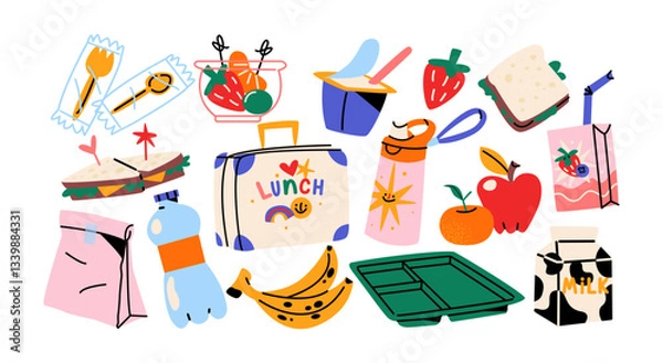 Obraz Lunch and snack stickers set. Cartoon takeout boxes, sandwiches, drinks, snacks, and school lunch essentials. Fun doodle colorful illustrations for lunchtime and take away food