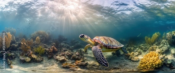 Obraz Sea turtle swimming in sunlit coral reef, ocean background, underwater panorama