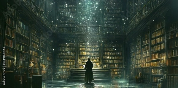 Fototapeta A person standing in a large library receiving celestial light