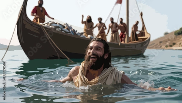 Fototapeta Gospel Vector from the Bible NT - John Tells Simon Peter Jesus is Standing on the Shore and He Swims to Him