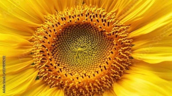 Fototapeta Close-Up View of Golden Sunflower with Intricate Patterns of Seeds and Petals Radiating Bright Yellow Colors Under Natural Light