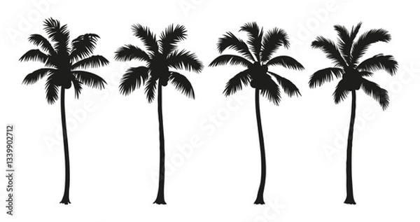 Fototapeta Tropical coconut palm tree set. Collection of monochrome graphic silhouettes. Abstract botanical elements isolated on a white background. 