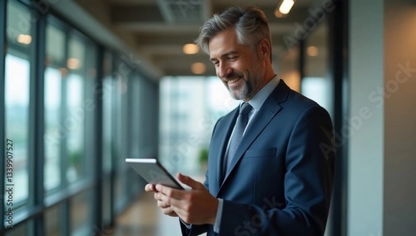 Fototapeta Happy middle aged business man ceo wearing suit standing in office using digital tablet. Smiling mature businessman professional executive manager looking away thinking working on tech device.