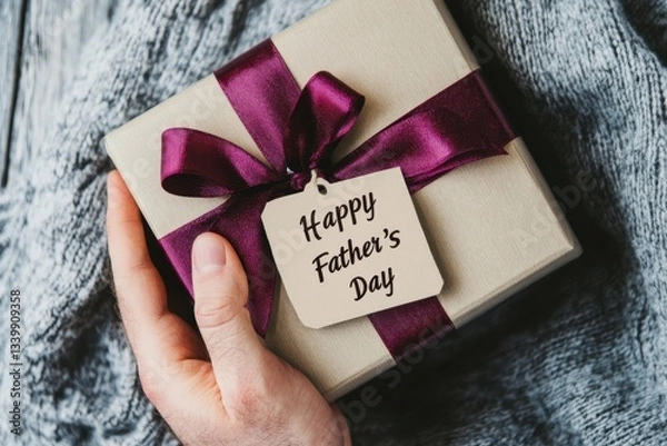 Fototapeta Decorative gift box with a purple ribbon and a Father’s Day tag. Perfect for holiday greetings or father-focused celebrations. Generated AI