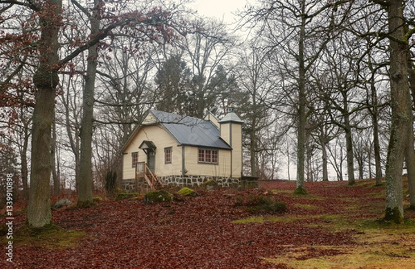 Fototapeta Swedish chapel in a tranquil forest setting. Traditional swedish house. 